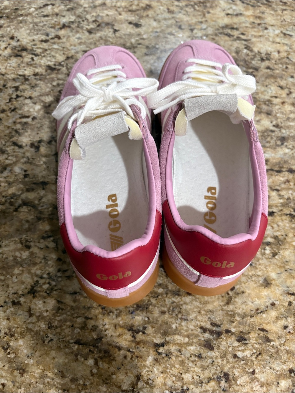 Gola Women's Pink Suede Sneakers with White Stripes and Gum Sole - Picture 5 of 9